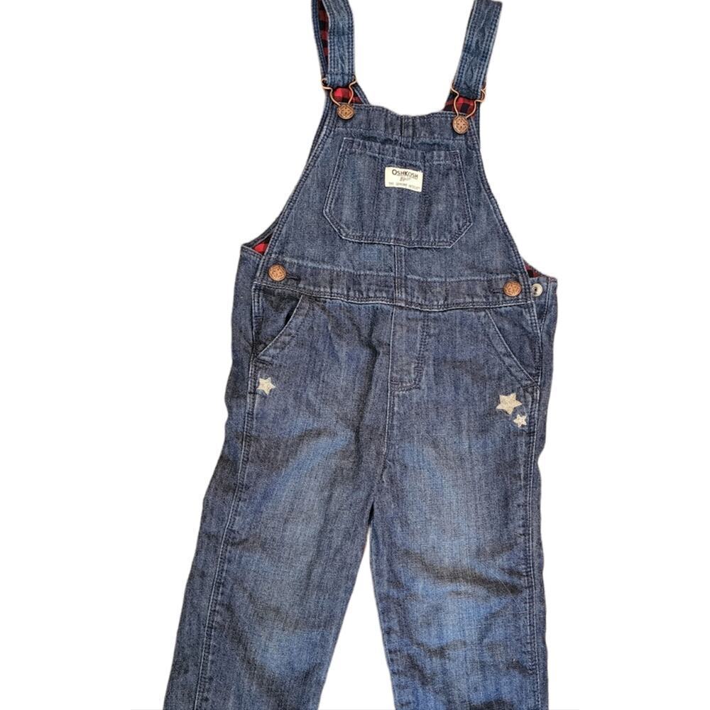OSH KOSH BUFFALO PLAID DENIUM ADJUSTABLE OVERALLS WITH STAR ACCENTS SIZE 4T